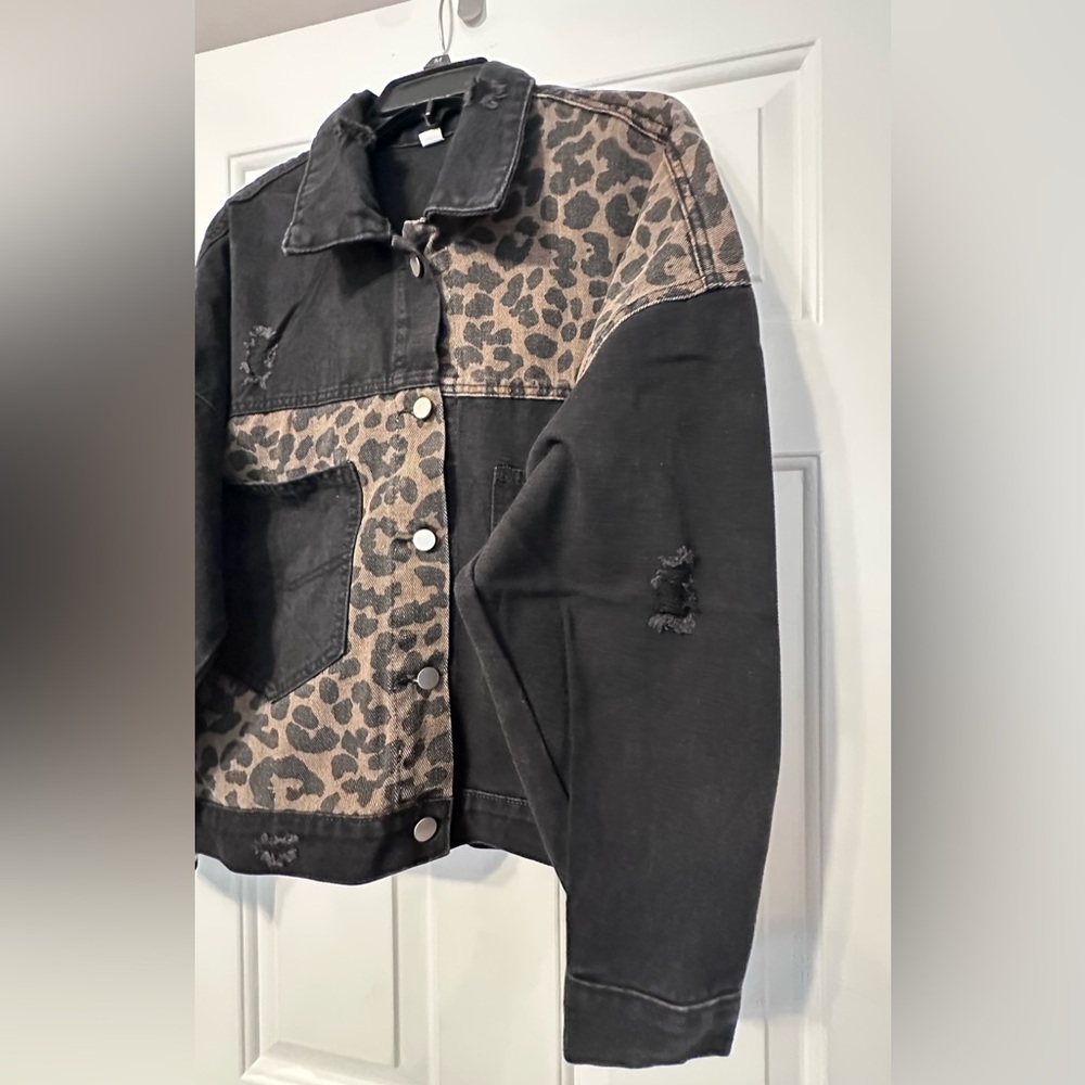 Leopard Patchwork Distressed Denim Jacket - Black/Tan, size L, NWOT - Picture 2 of 10